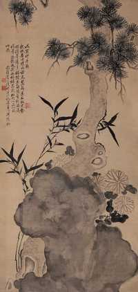 张盘 戌寅（1878年）作 松菊竹石 立轴